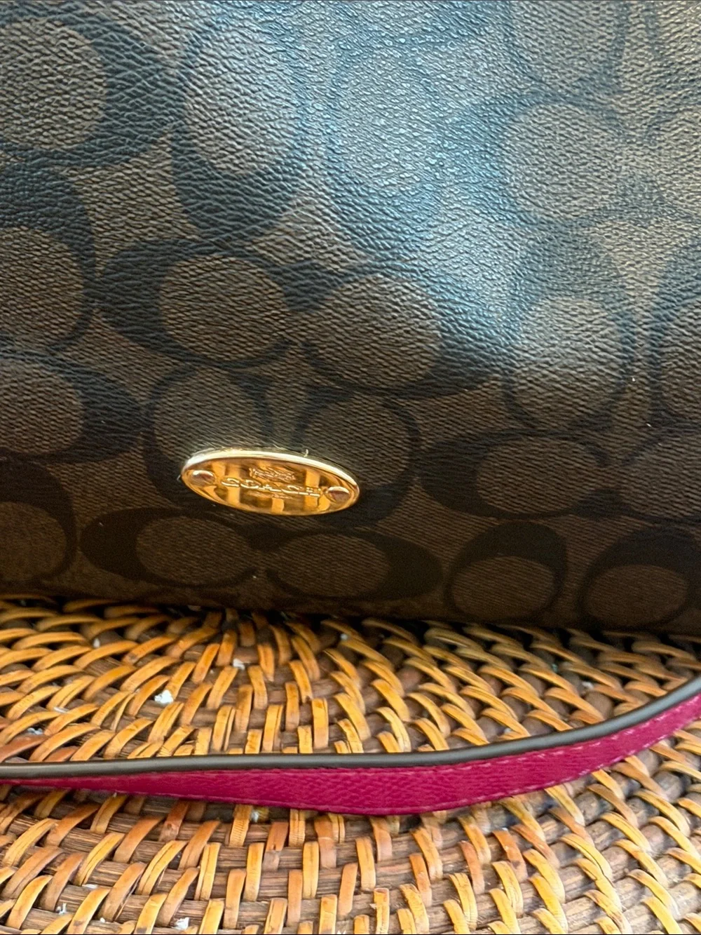 Coach Celeste Convertible Brown Signature Hobo with Fuchsia Leather Accents